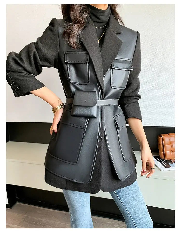 Women’s Patchwork Leather Long Sleeve With Many Pockets Winter Coat