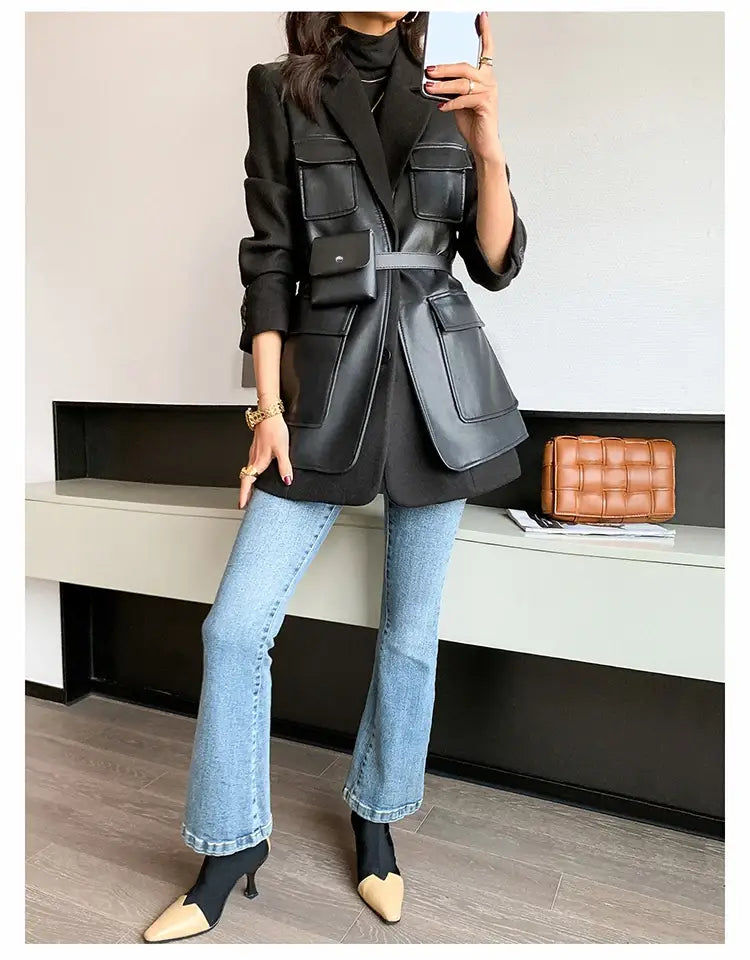 Women’s Patchwork Leather Long Sleeve With Many Pockets Winter Coat