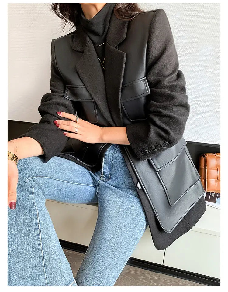 Women’s Patchwork Leather Long Sleeve With Many Pockets Winter Coat