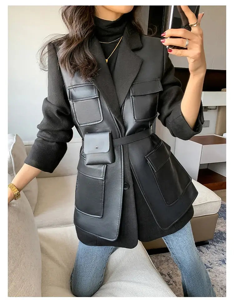 Women’s Patchwork Leather Long Sleeve With Many Pockets Winter Coat