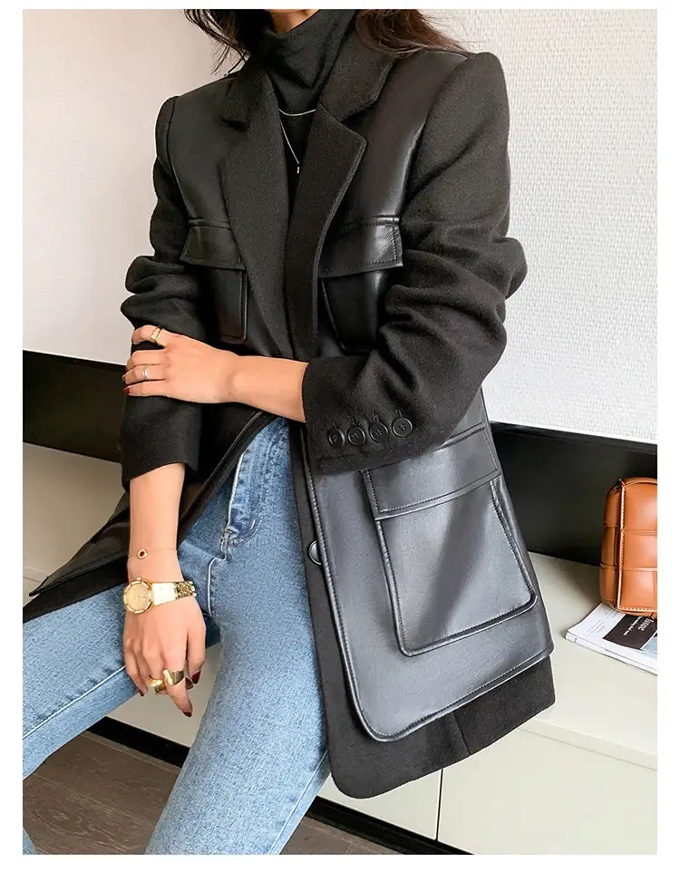 Women’s Patchwork Leather Long Sleeve With Many Pockets Winter Coat