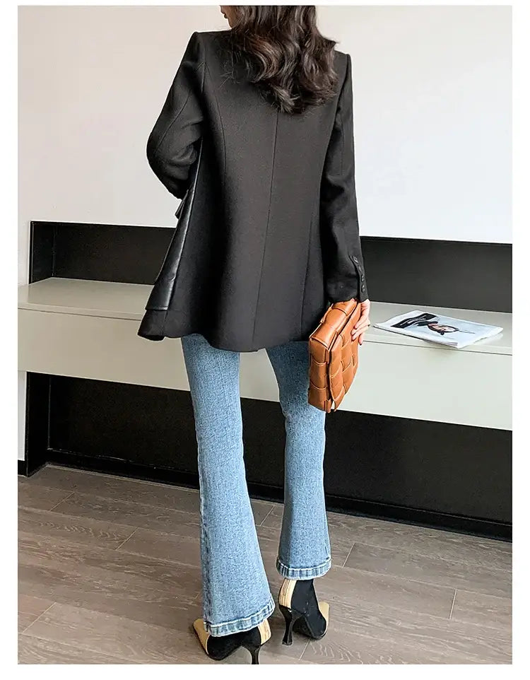 Women’s Patchwork Leather Long Sleeve With Many Pockets Winter Coat