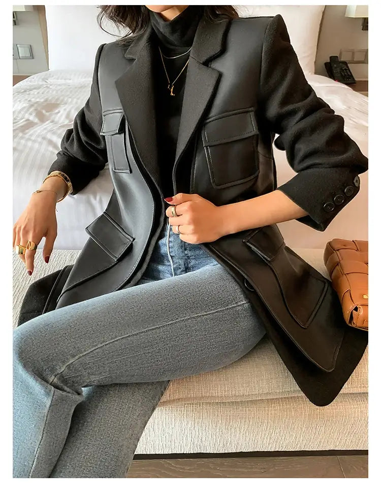 Women’s Patchwork Leather Long Sleeve With Many Pockets Winter Coat