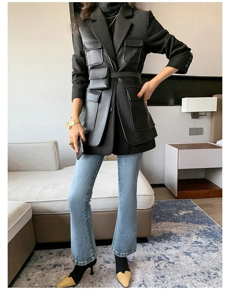 Women’s Patchwork Leather Long Sleeve With Many Pockets Winter Coat