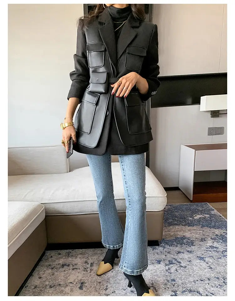 Women’s Patchwork Leather Long Sleeve With Many Pockets Winter Coat