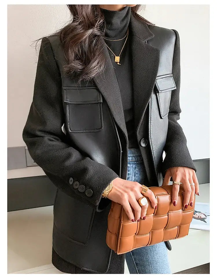 Women’s Patchwork Leather Long Sleeve With Many Pockets Winter Coat