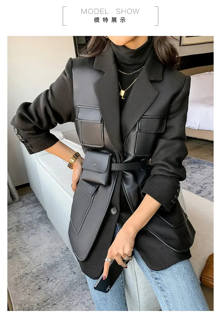 Women’s Patchwork Leather Long Sleeve With Many Pockets Winter Coat