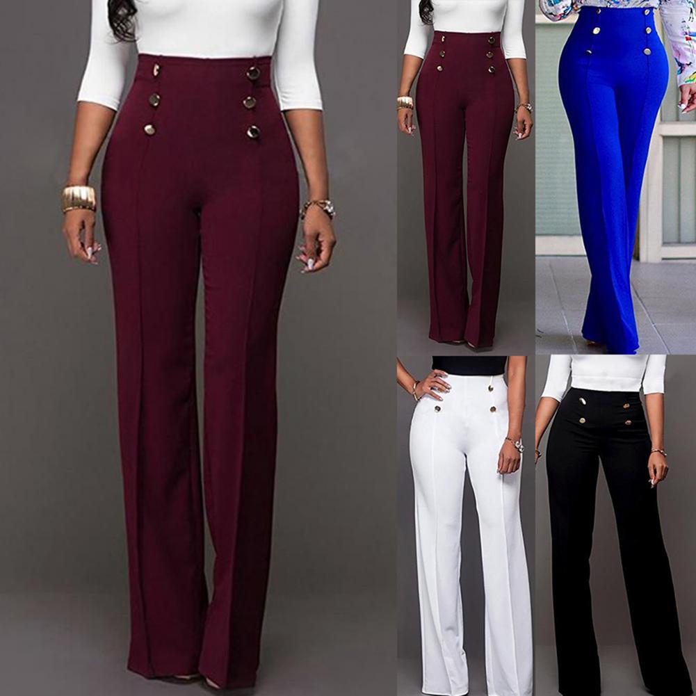 Solid Color Flare High Waist Wide Office Ladies Trousers