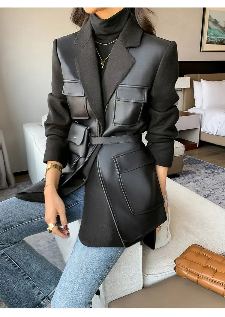 Women’s Patchwork Leather Long Sleeve With Many Pockets Winter Coat