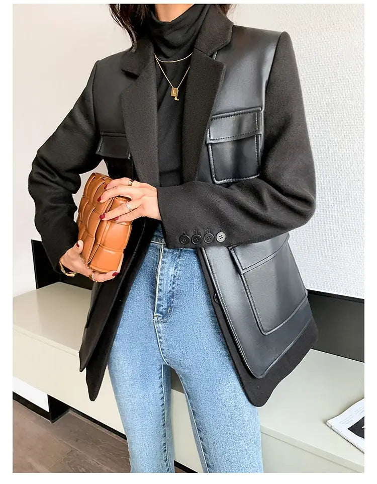 Women’s Patchwork Leather Long Sleeve With Many Pockets Winter Coat