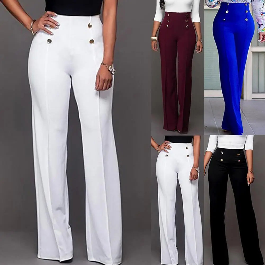 Solid Color Flare High Waist Wide Office Ladies Trousers