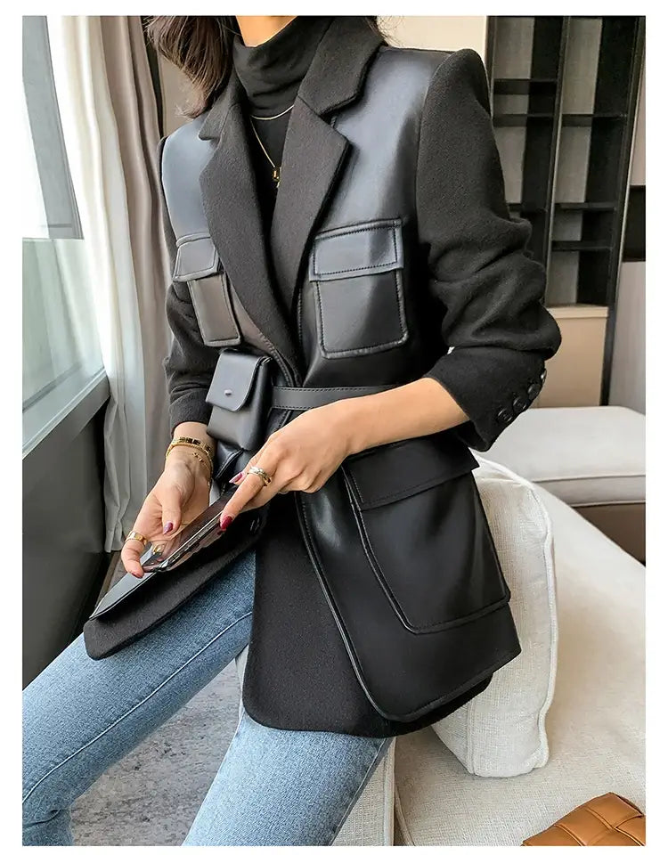 Women’s Patchwork Leather Long Sleeve With Many Pockets Winter Coat