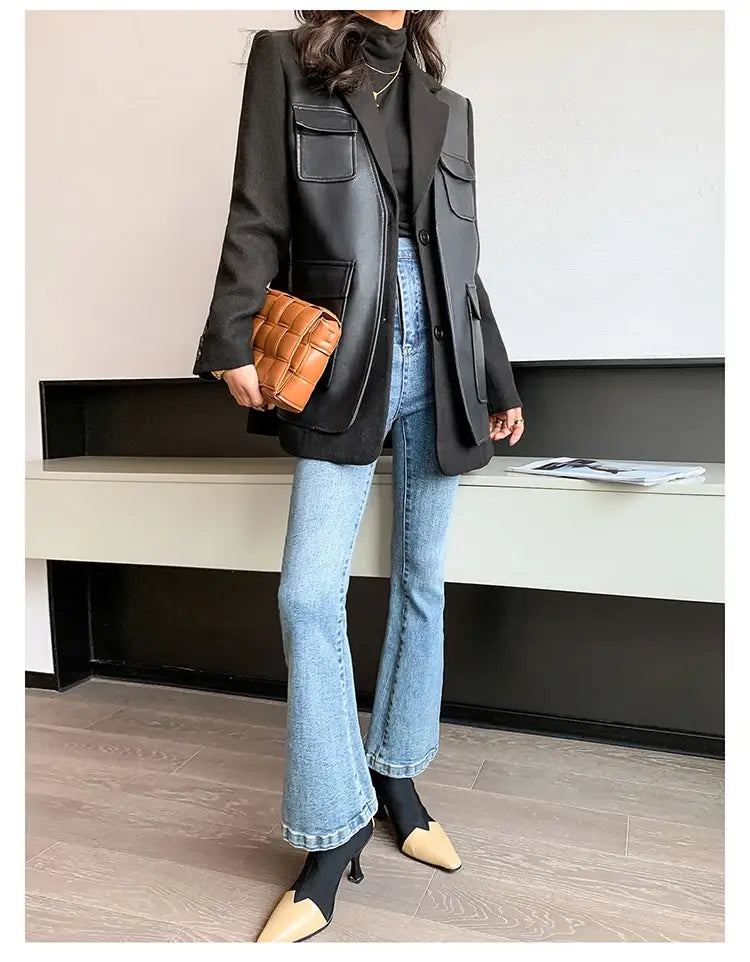 Women’s Patchwork Leather Long Sleeve With Many Pockets Winter Coat