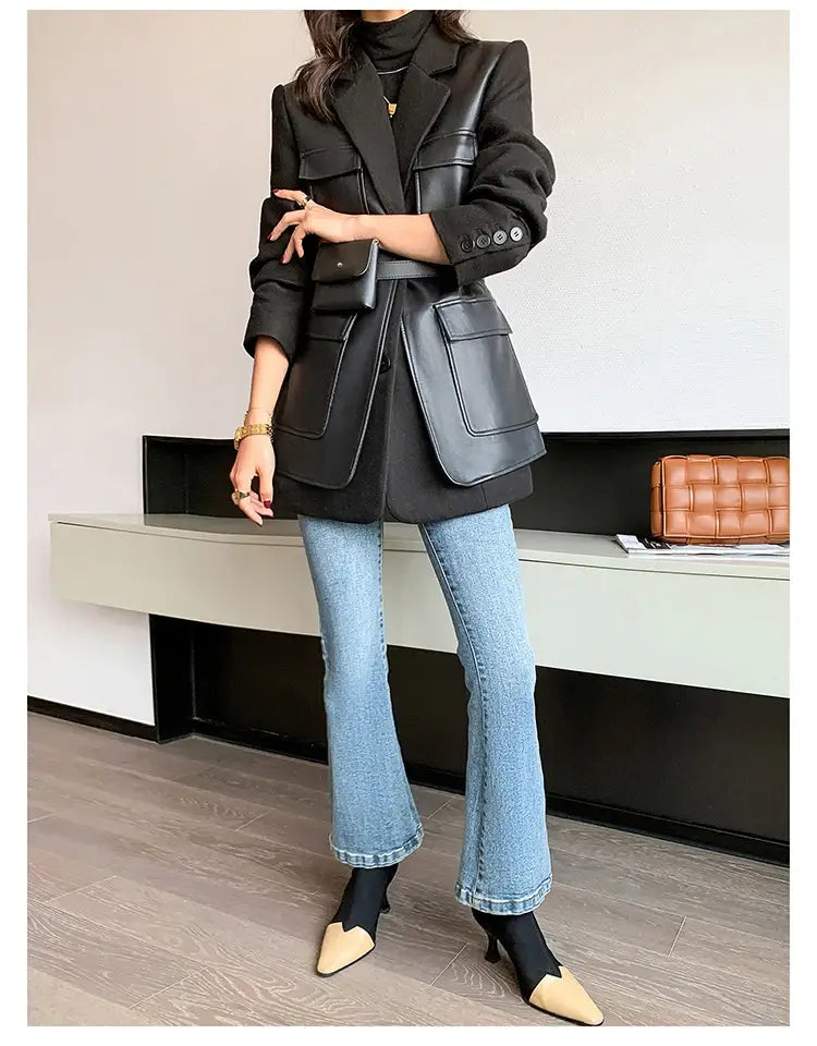 Women’s Patchwork Leather Long Sleeve With Many Pockets Winter Coat