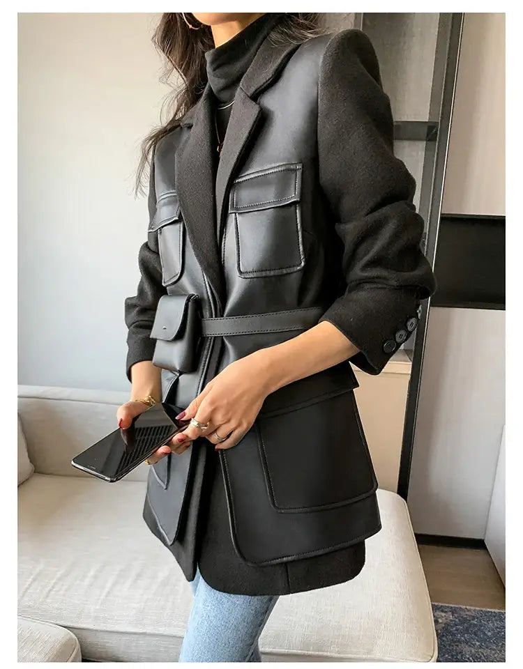 Women’s Patchwork Leather Long Sleeve With Many Pockets Winter Coat