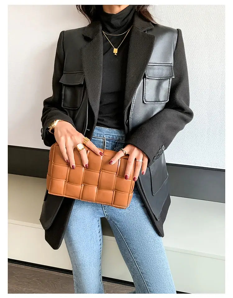 Women’s Patchwork Leather Long Sleeve With Many Pockets Winter Coat