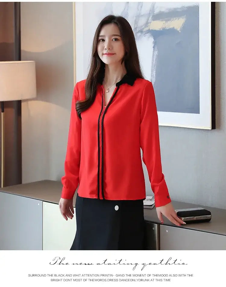 Long Sleeve Turn down Collar Office Lady White Chiffon Blouse