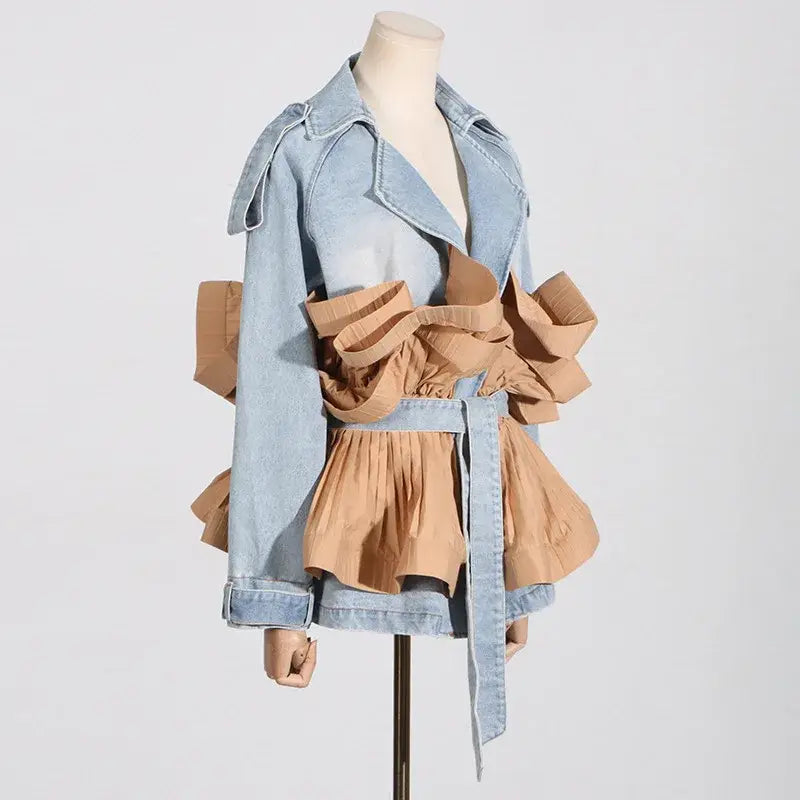 Women’s Statement Ruffles Folds Lace Up Denim Jacket