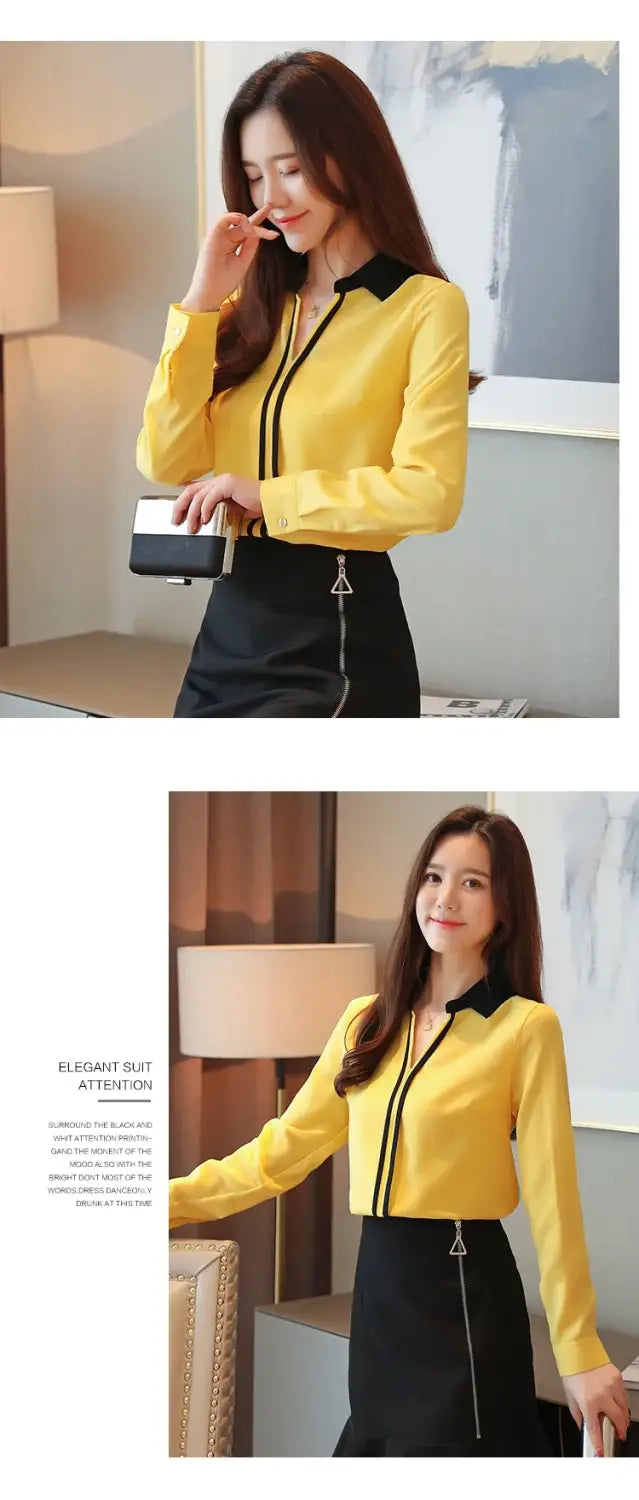 Long Sleeve Turn down Collar Office Lady White Chiffon Blouse