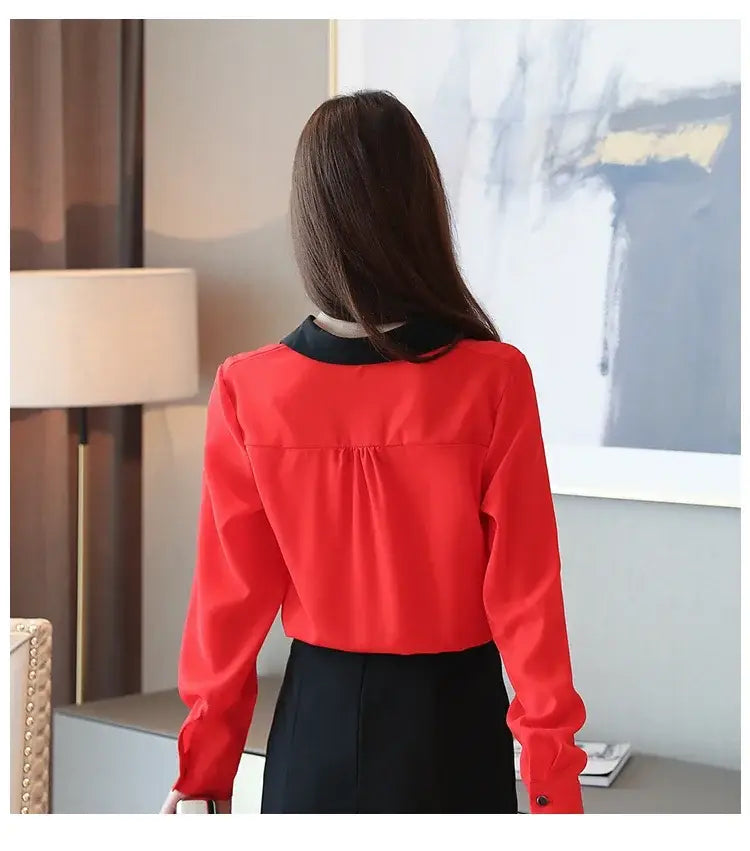 Long Sleeve Turn down Collar Office Lady White Chiffon Blouse