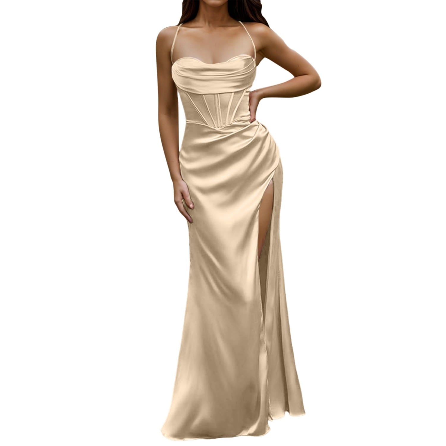 New Silky Thin Straps Satin Gown Corset Maxi Dress