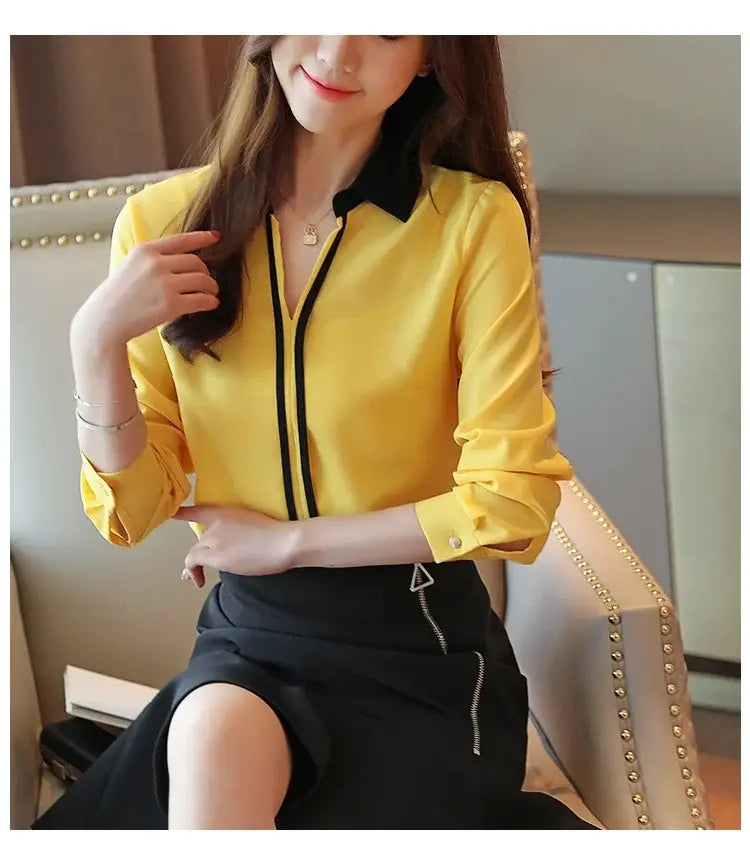 Long Sleeve Turn down Collar Office Lady White Chiffon Blouse