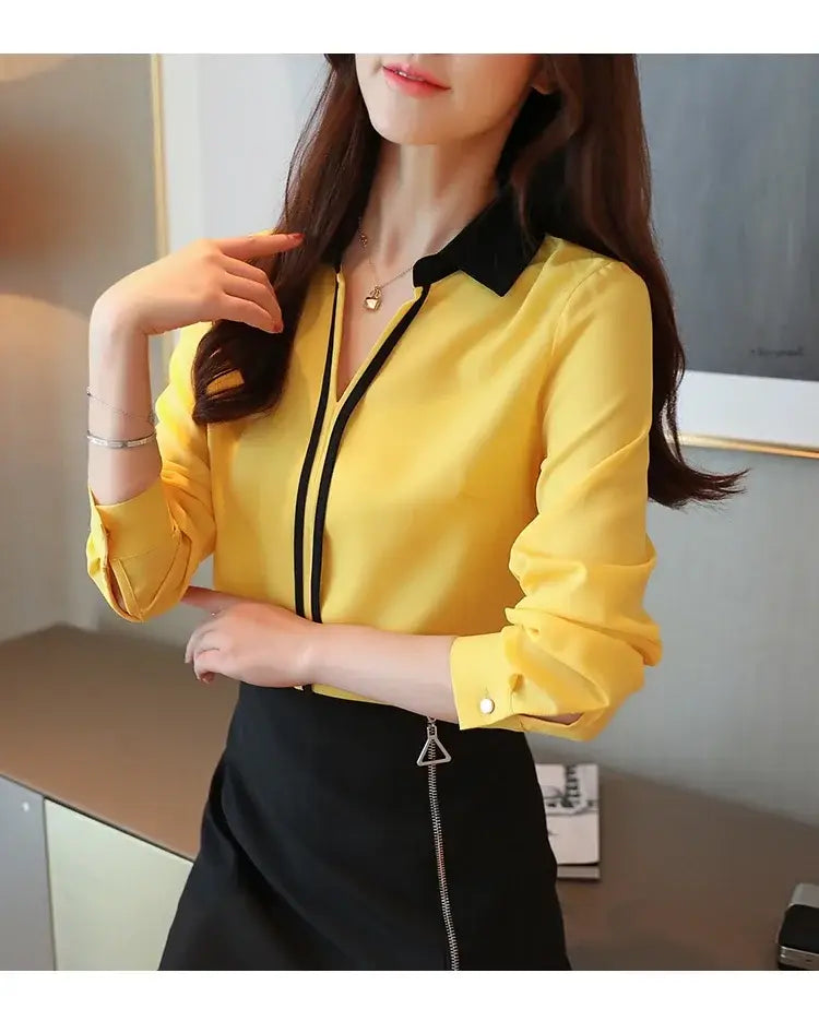 Long Sleeve Turn down Collar Office Lady White Chiffon Blouse