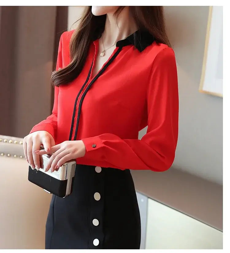 Long Sleeve Turn down Collar Office Lady White Chiffon Blouse