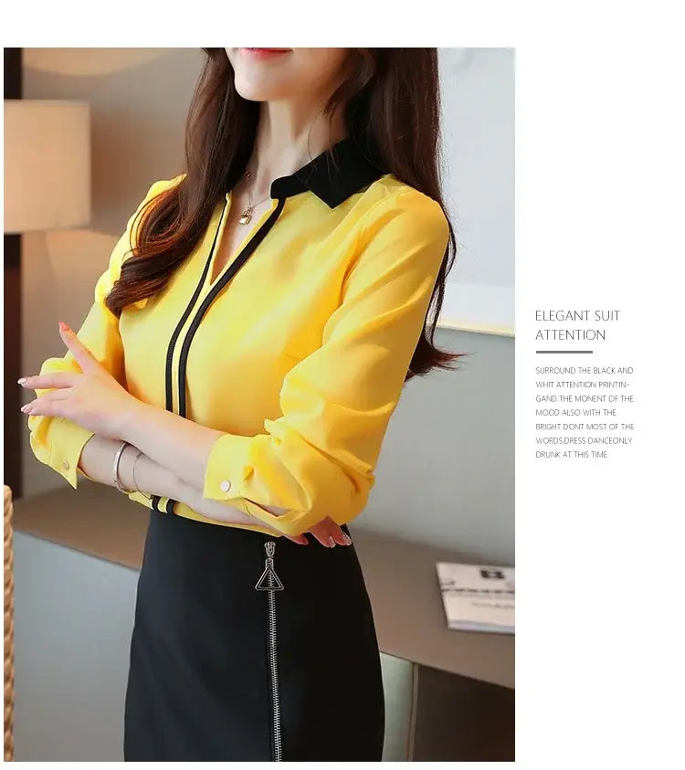 Long Sleeve Turn down Collar Office Lady White Chiffon Blouse