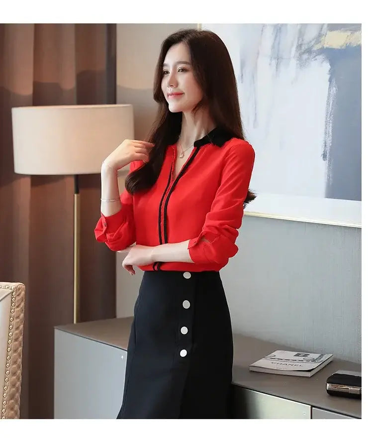 Long Sleeve Turn down Collar Office Lady White Chiffon Blouse