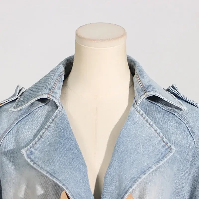 Women’s Statement Ruffles Folds Lace Up Denim Jacket