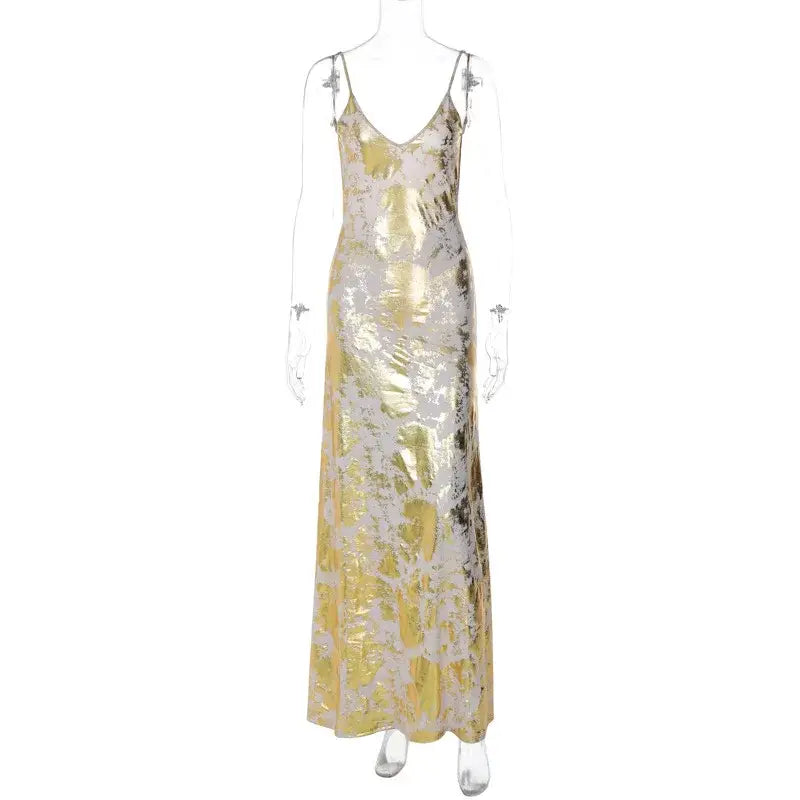 Elegant Gold Foil Fragmented Bodycon Statement Dresses