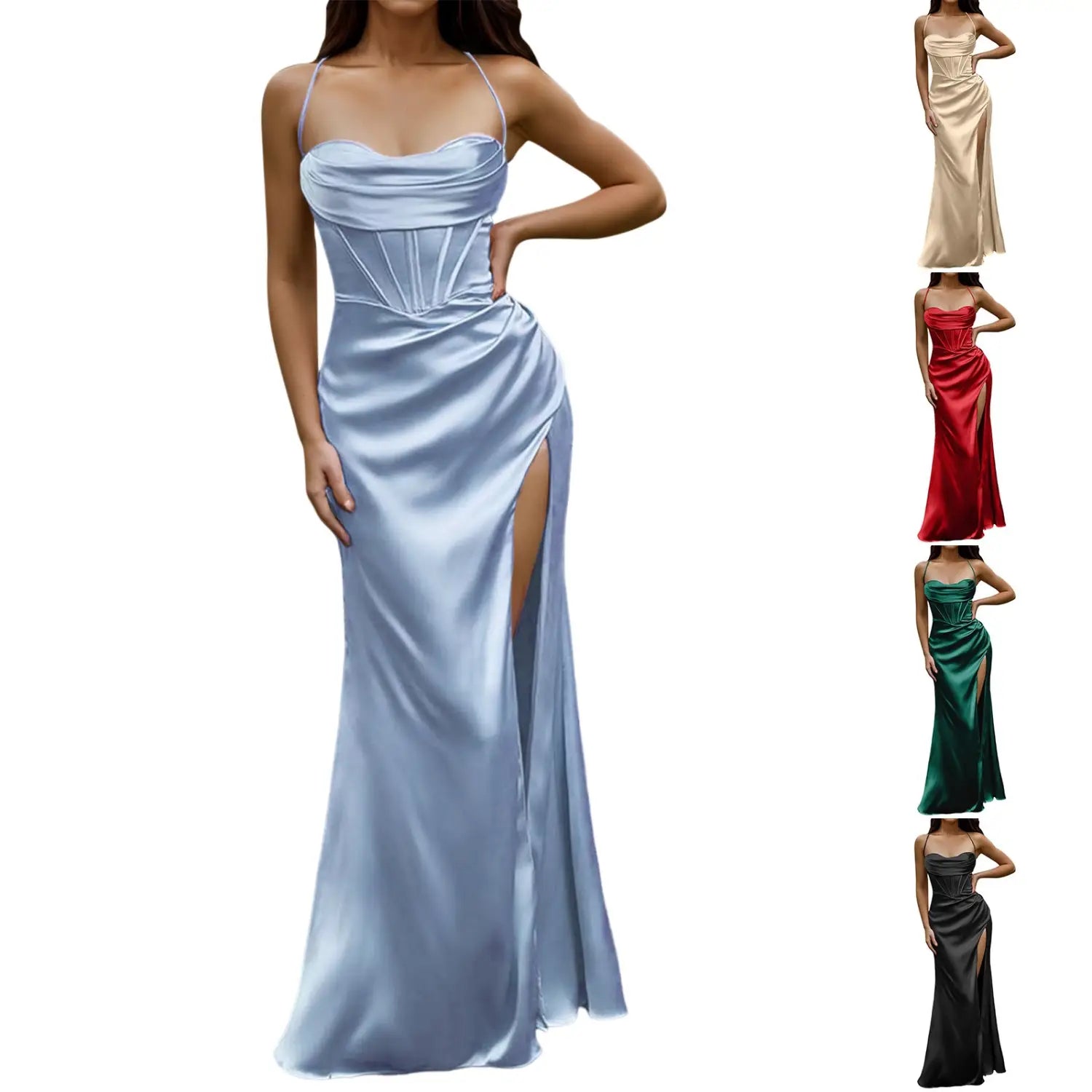 New Silky Thin Straps Satin Gown Corset Maxi Dress