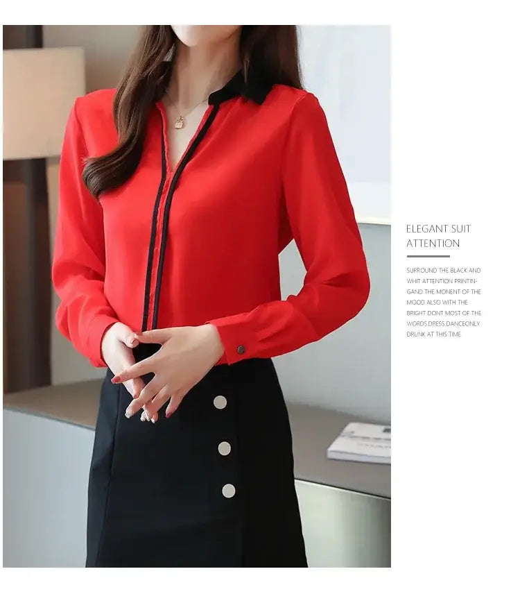 Long Sleeve Turn down Collar Office Lady White Chiffon Blouse