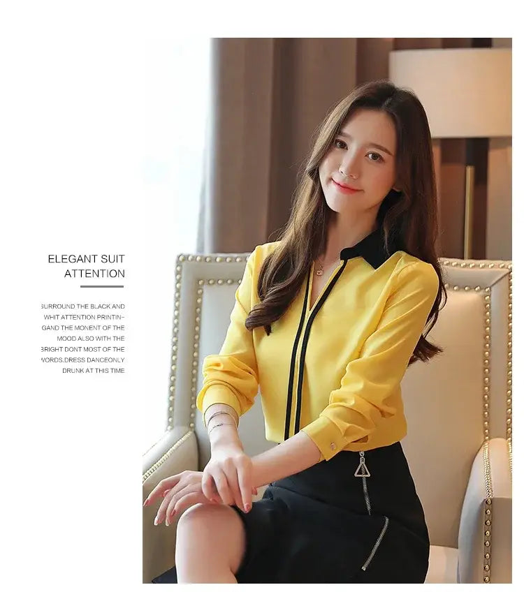 Long Sleeve Turn down Collar Office Lady White Chiffon Blouse