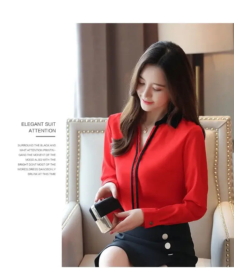 Long Sleeve Turn down Collar Office Lady White Chiffon Blouse