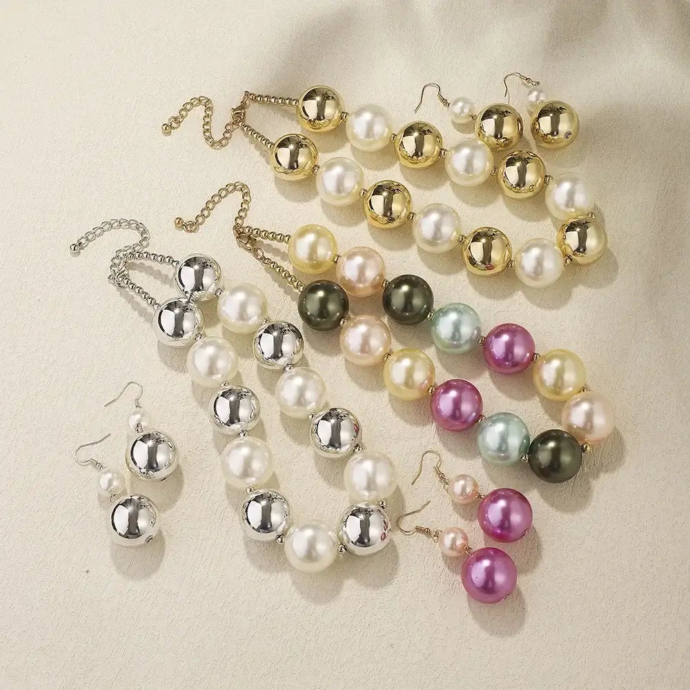 Vintage Luxury Big Metal Ball Pearl Statement Jewelry Set