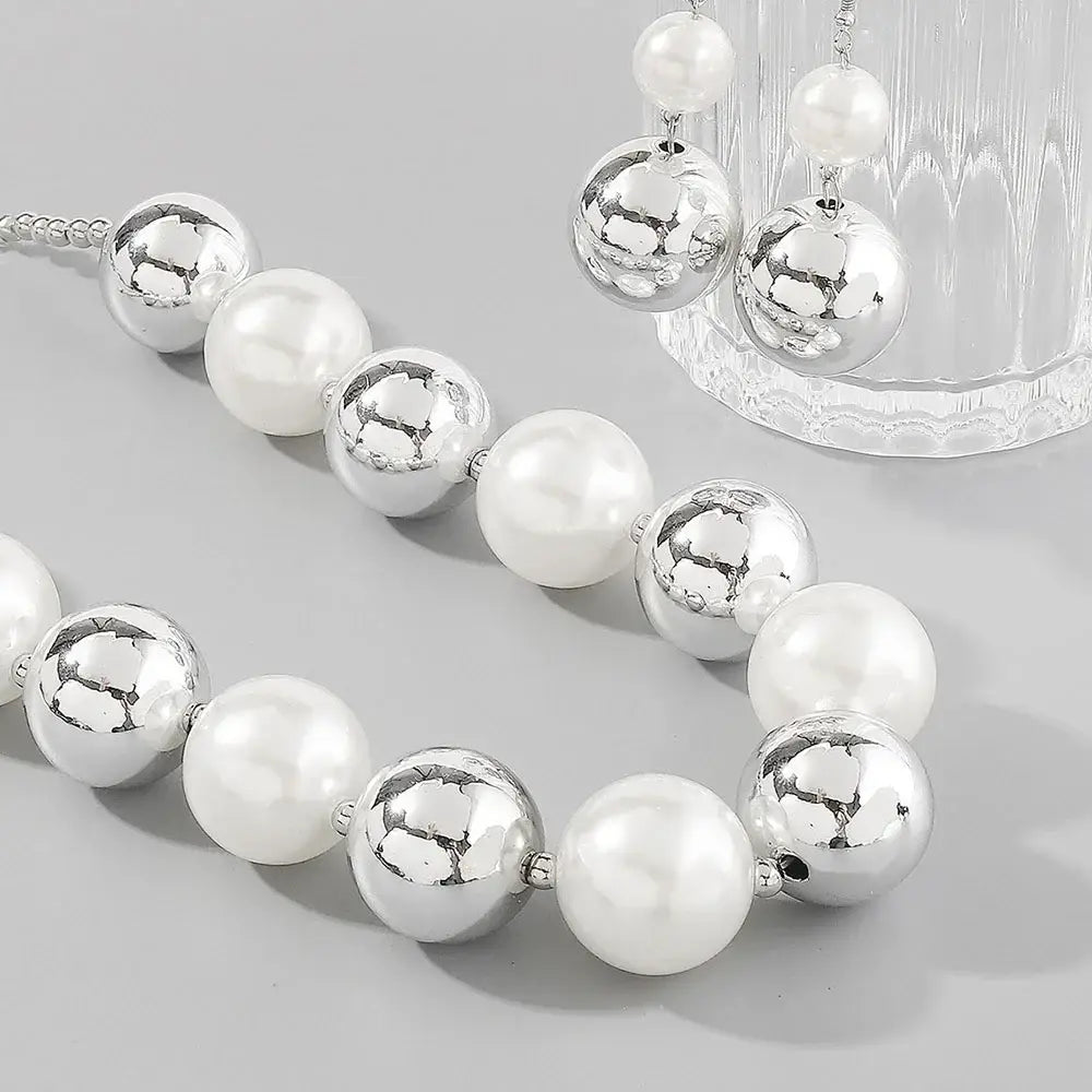 Vintage Luxury Big Metal Ball Pearl Statement Jewelry Set