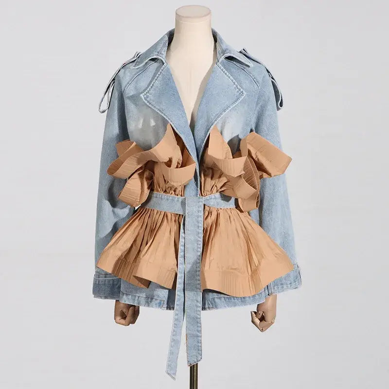 Women’s Statement Ruffles Folds Lace Up Denim Jacket