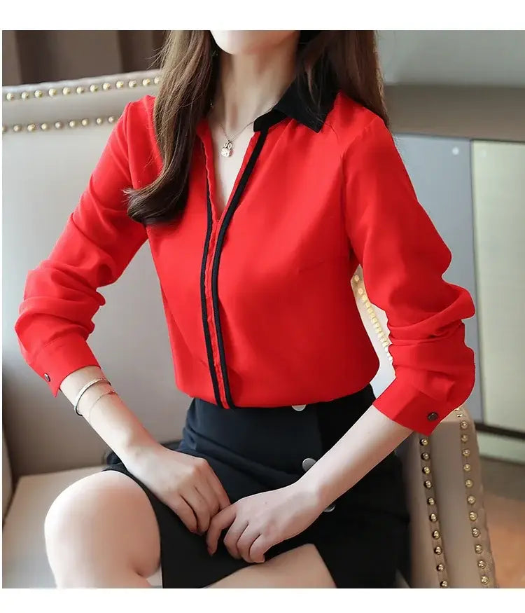 Long Sleeve Turn down Collar Office Lady White Chiffon Blouse