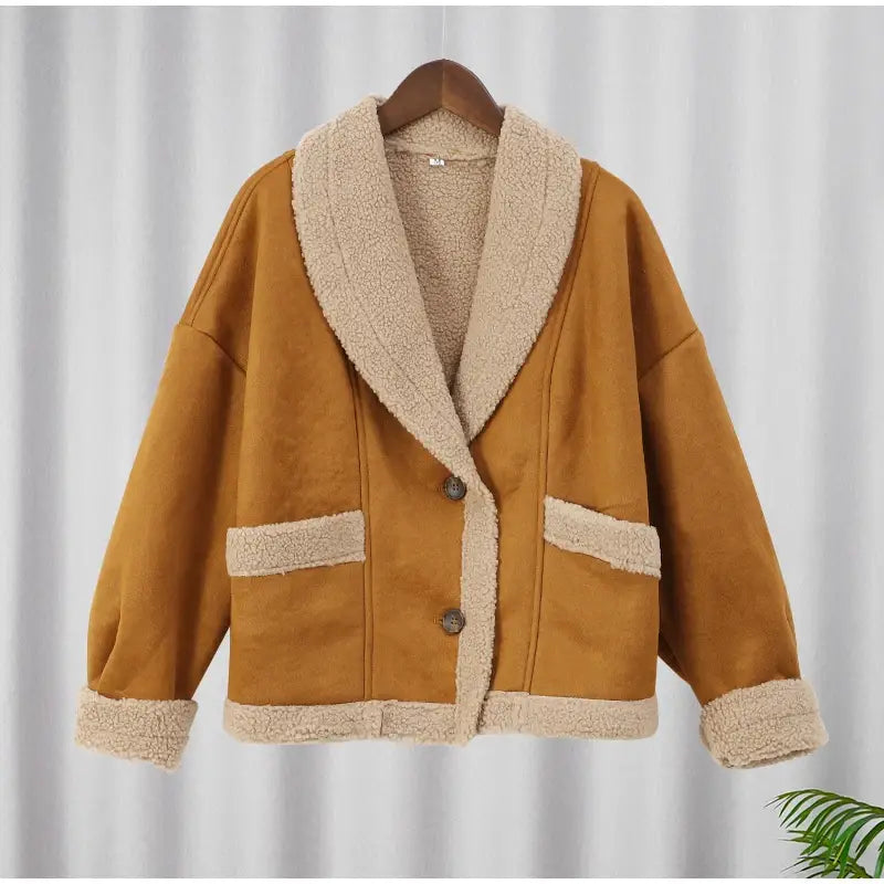 Women’s Chic Wool Patchwork Button with Pocket Thickened Jacket