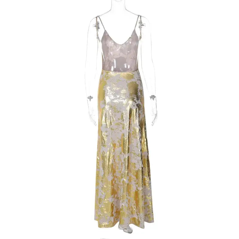 Elegant Gold Foil Fragmented Bodycon Statement Dresses