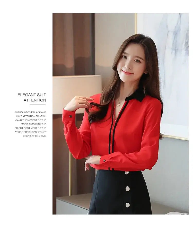 Long Sleeve Turn down Collar Office Lady White Chiffon Blouse