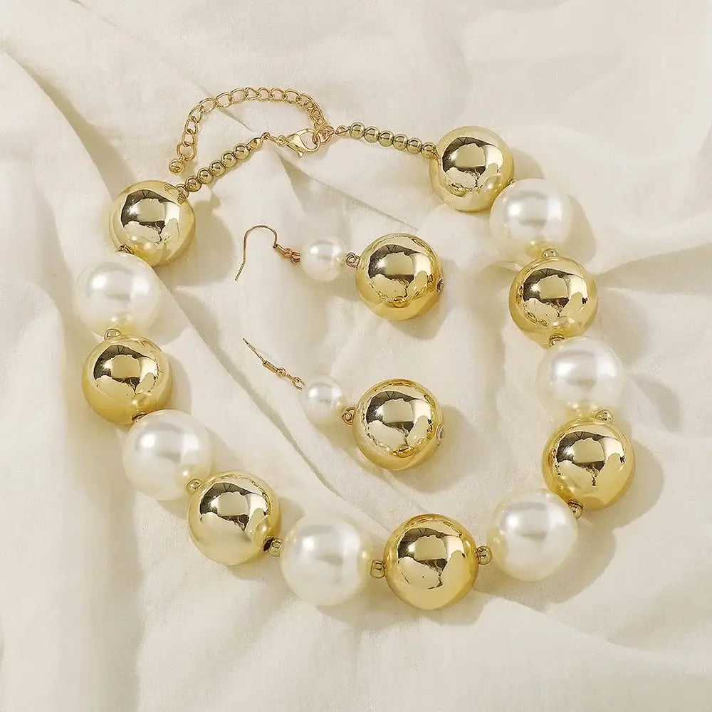 Vintage Luxury Big Metal Ball Pearl Statement Jewelry Set