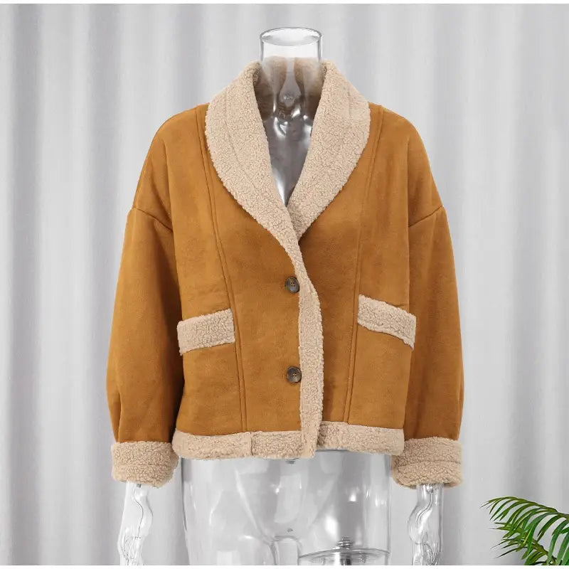 Women’s Chic Wool Patchwork Button with Pocket Thickened Jacket