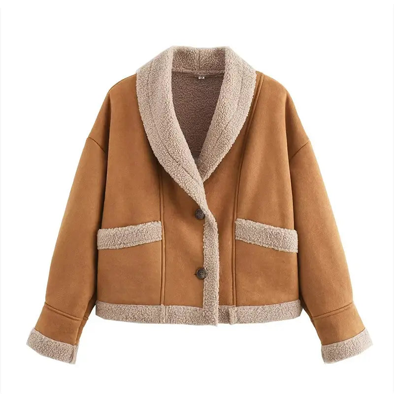 Women’s Chic Wool Patchwork Button with Pocket Thickened Jacket