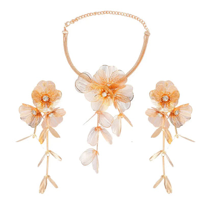 Brand Design Long Metal Leaf Shaped Flower Statement Jewelry Set