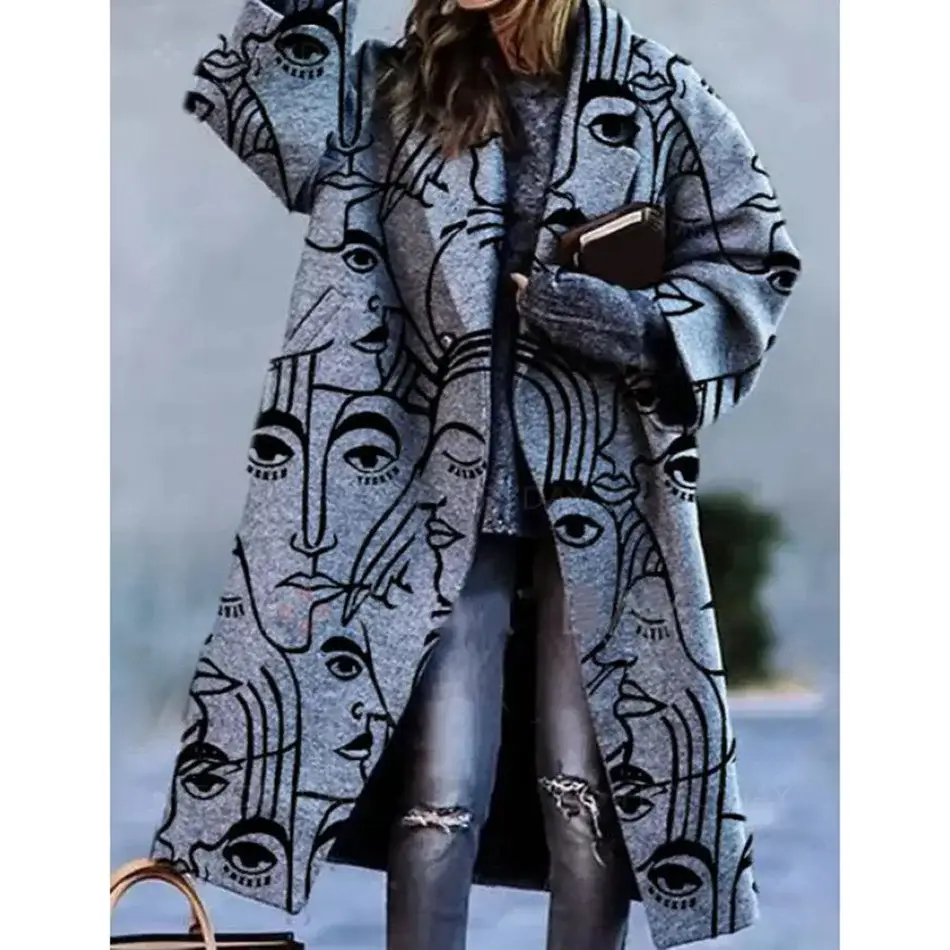 Elegant Street Lady Long Cardigan Cashmere Printed Coats