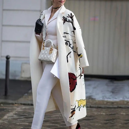 Elegant Street Lady Long Cardigan Cashmere Printed Coats