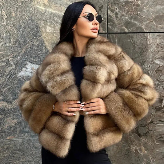 Natural Fox Fur Fluffy Lapel Luxury Winter Coat